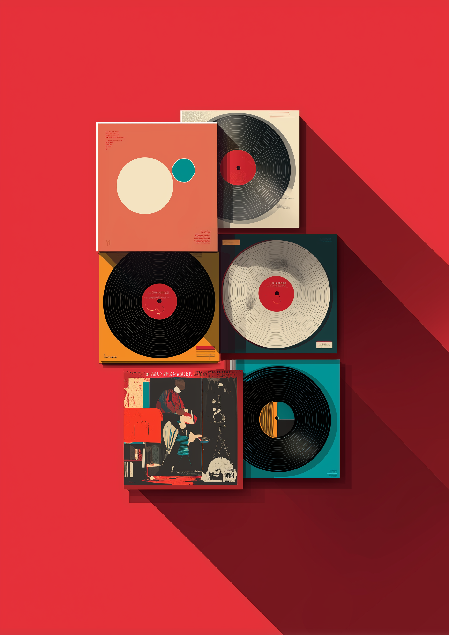 A2 music-themed wall art featuring vinyl records in abstract layout. Artwork example.

