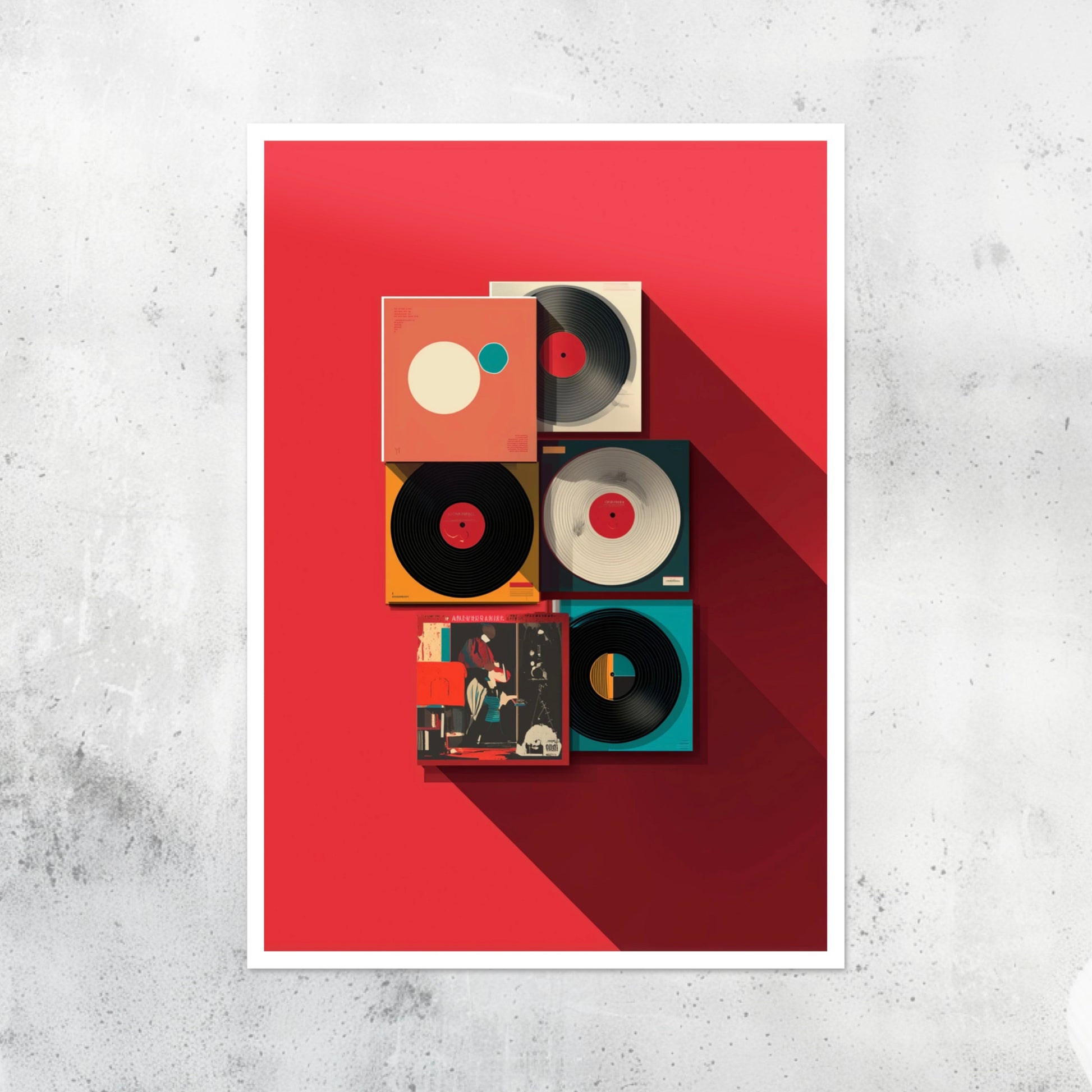Unframed A2 music-themed wall art featuring vinyl records in abstract layout.
