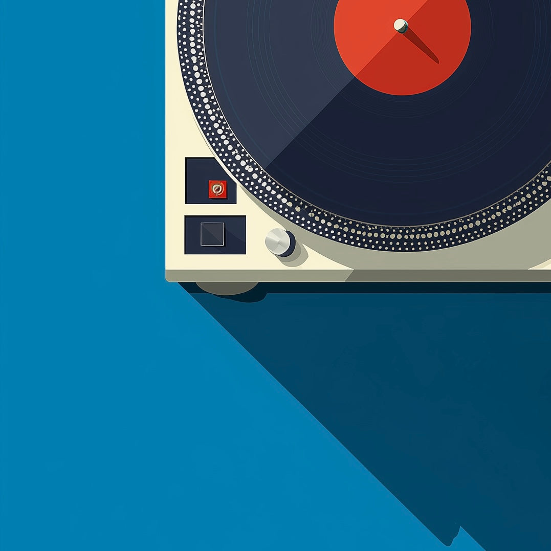 Close-up detail of A2 print of a turntable in minimalist style with subtle retro feel.
