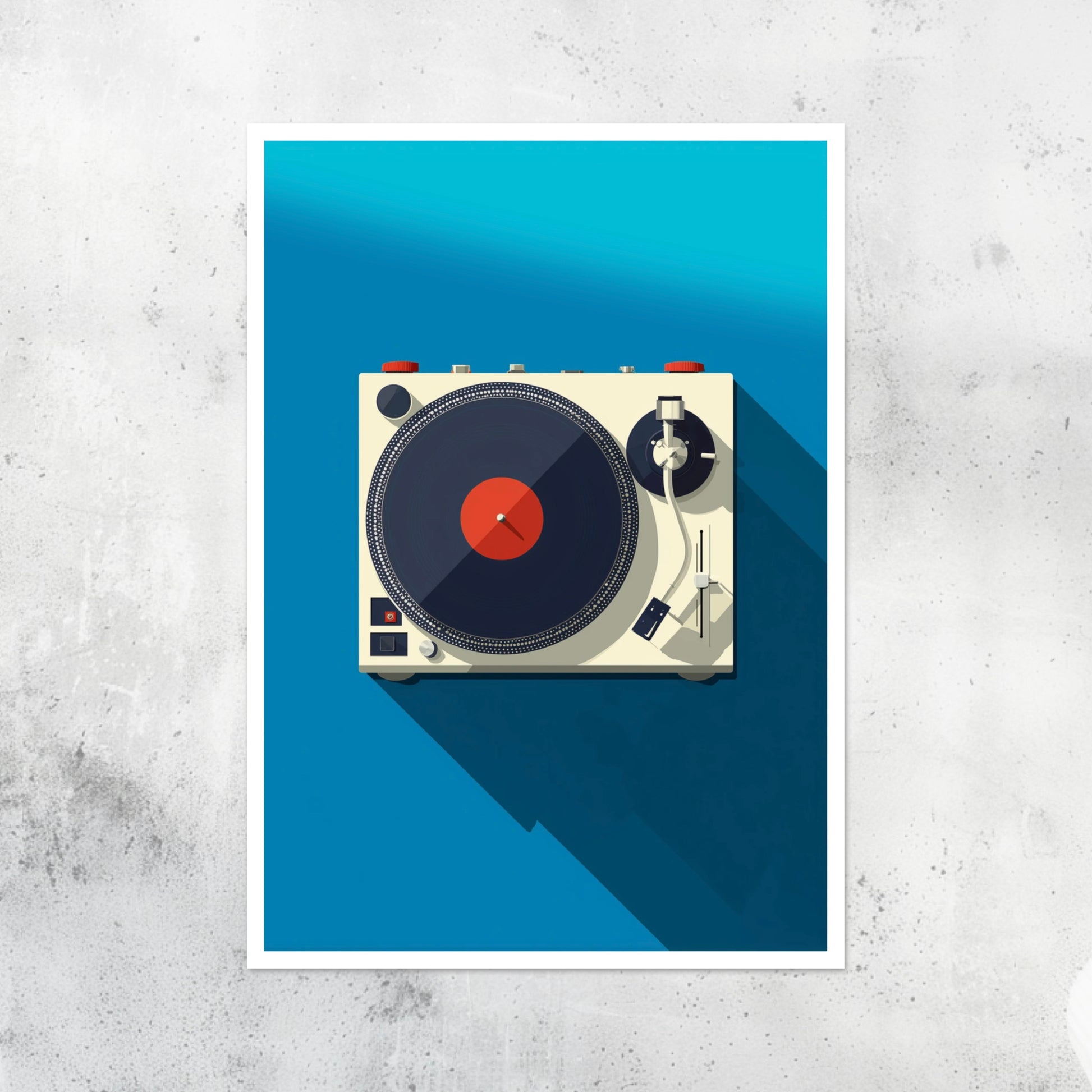 Unframed A2 print of a turntable in minimalist style with subtle retro feel.
