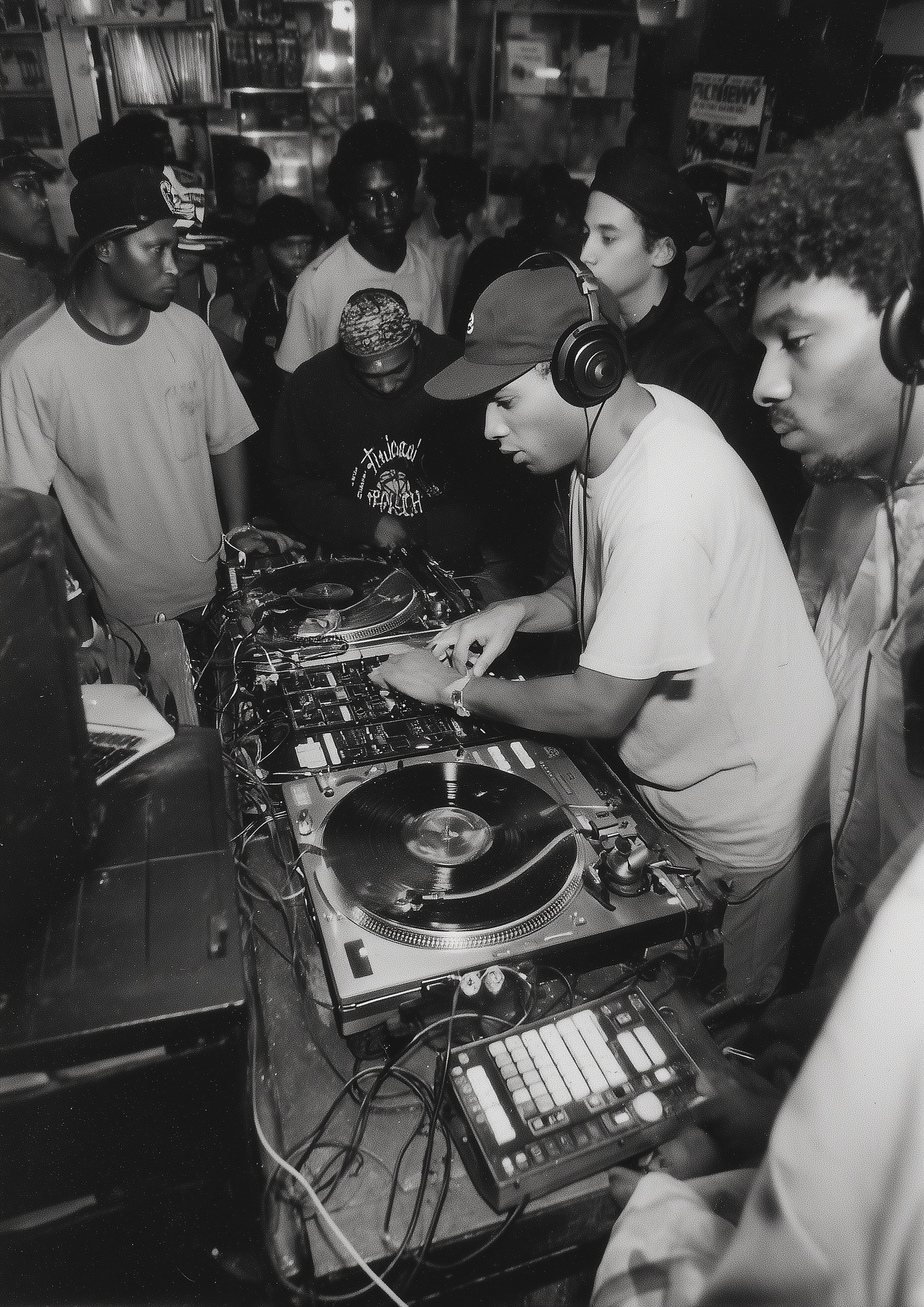 A2 artwork illustrating an underground 90s house party scene. Artwork example.
