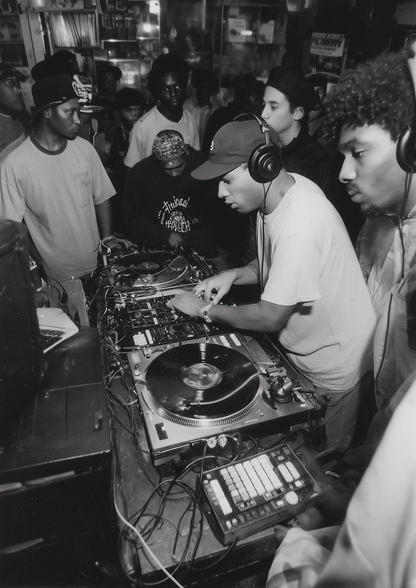 A2 artwork illustrating an underground 90s house party scene. Artwork example.
