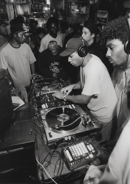 A2 artwork illustrating an underground 90s house party scene. Artwork example.
