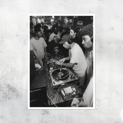 Unframed A2 artwork illustrating an underground 90s house party scene.
