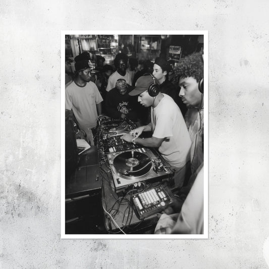 Unframed A2 artwork illustrating an underground 90s house party scene.
