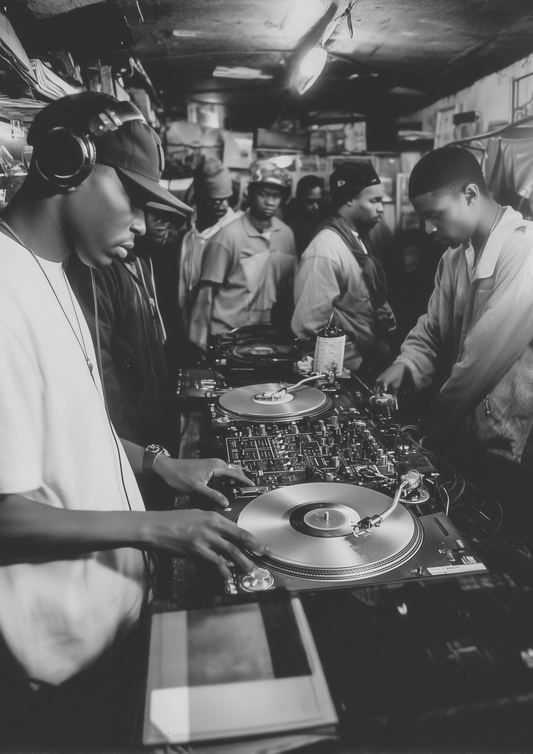 A2 wall art print depicting an underground 90s music party scene. Artwork example.
