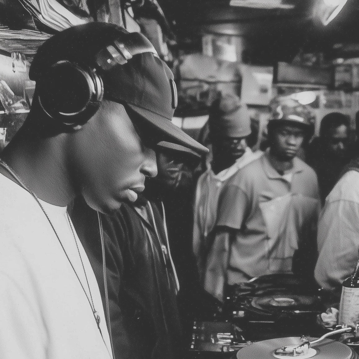 Close-up detail of A2 wall art print depicting an underground 90s music party scene.
