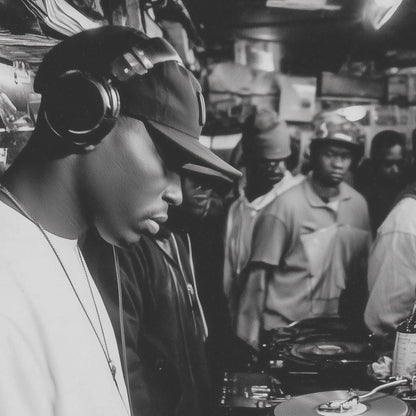 Close-up detail of A2 wall art print depicting an underground 90s music party scene.
