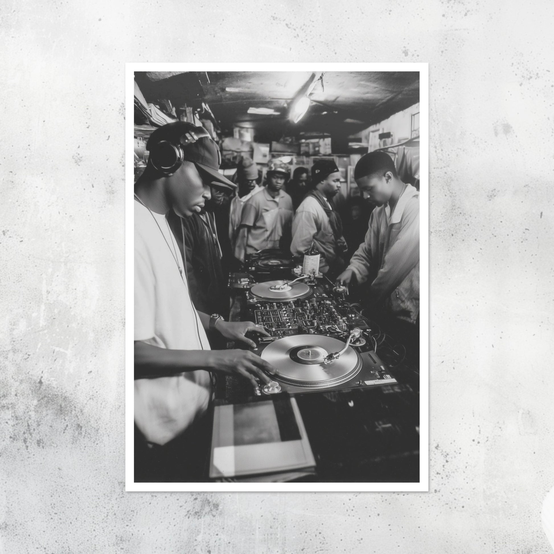 Unframed A2 wall art print depicting an underground 90s music party scene.
