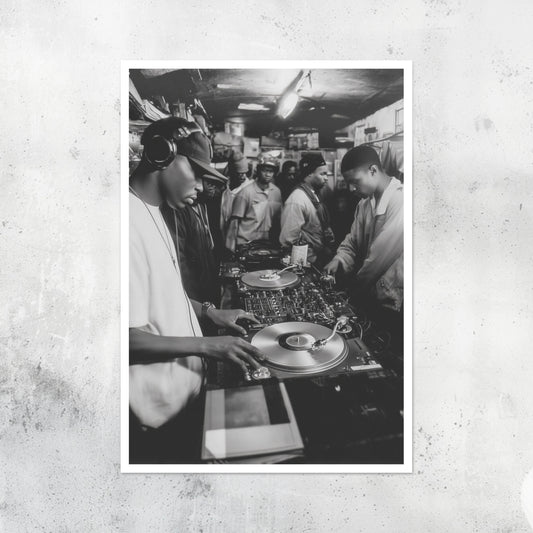 Unframed A2 wall art print depicting an underground 90s music party scene.
