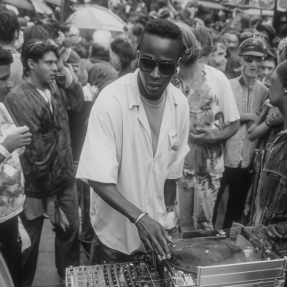 Close-up detail of A2 wall art print of an underground music festival scene.
