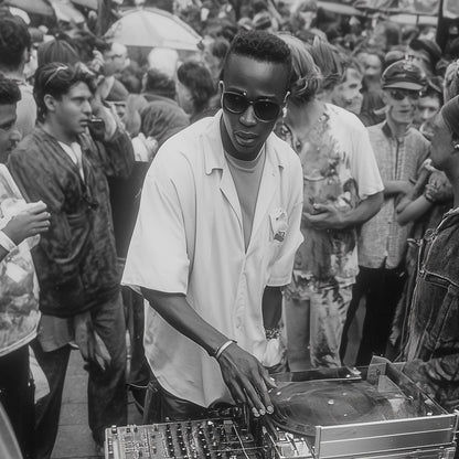 Close-up detail of A2 wall art print of an underground music festival scene.
