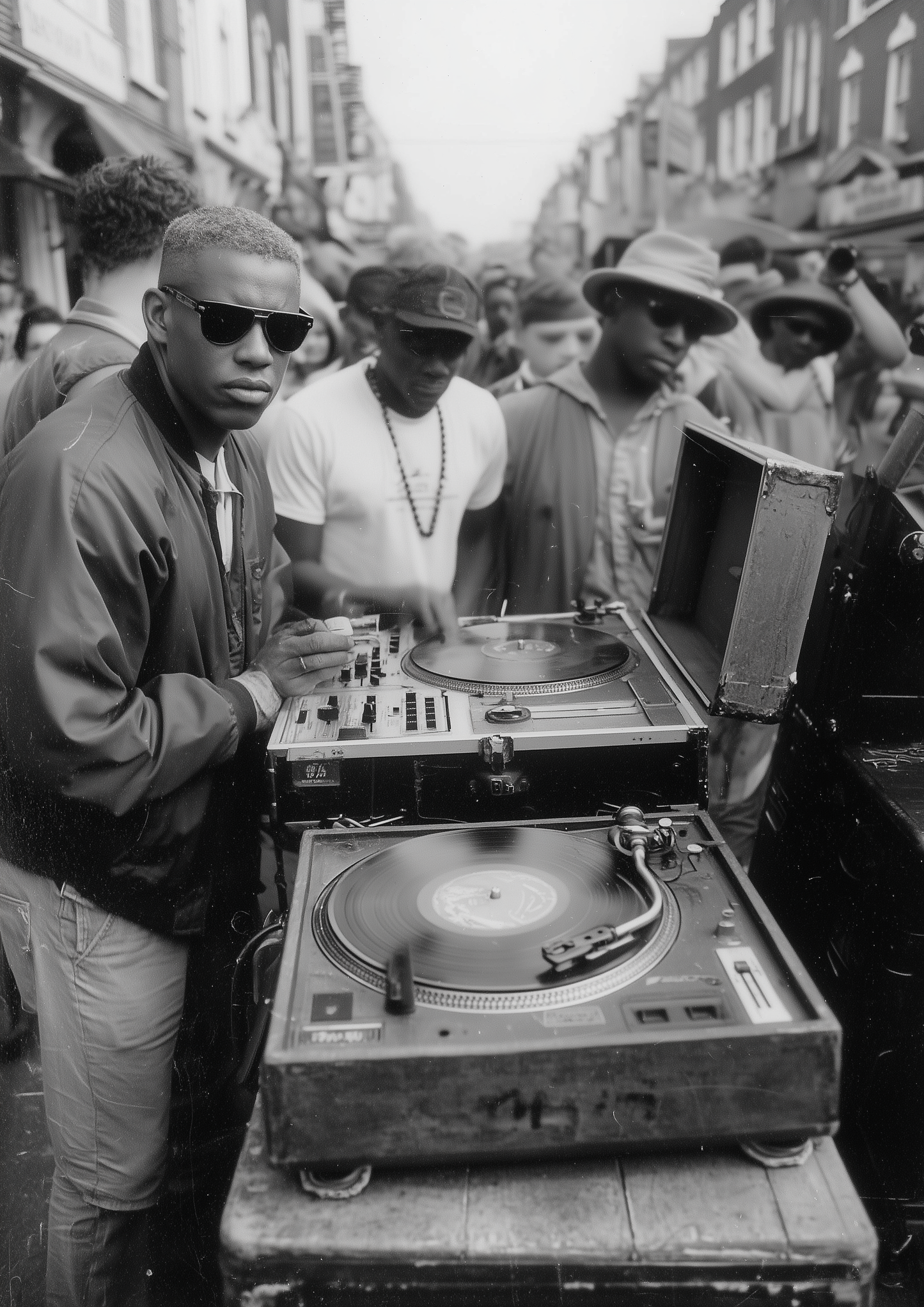 A2 artwork showing a street-based underground music scene. Artwork example.
