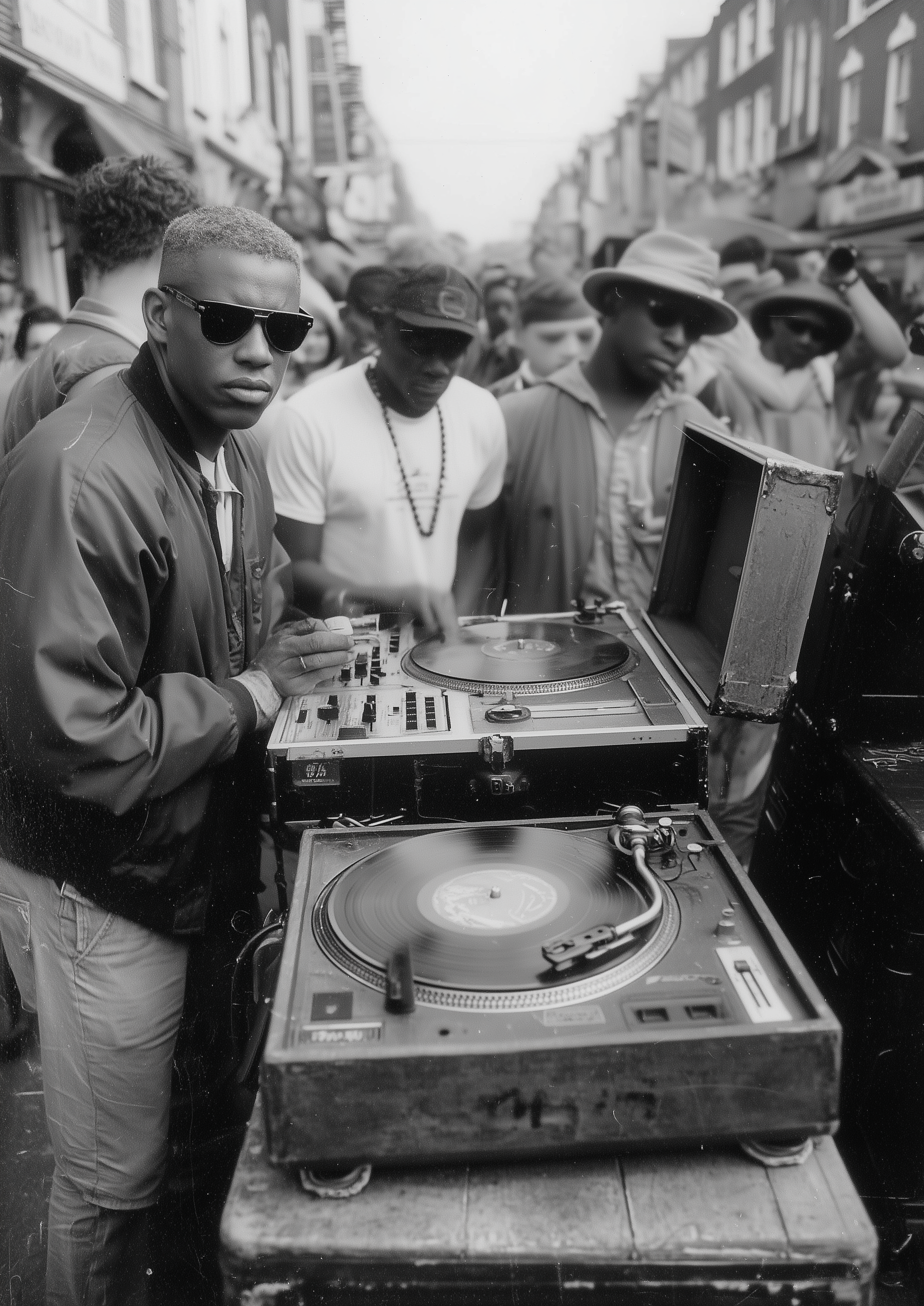 A2 artwork showing a street-based underground music scene. Artwork example.
