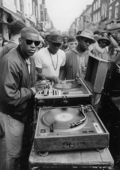 A2 artwork showing a street-based underground music scene. Artwork example.
