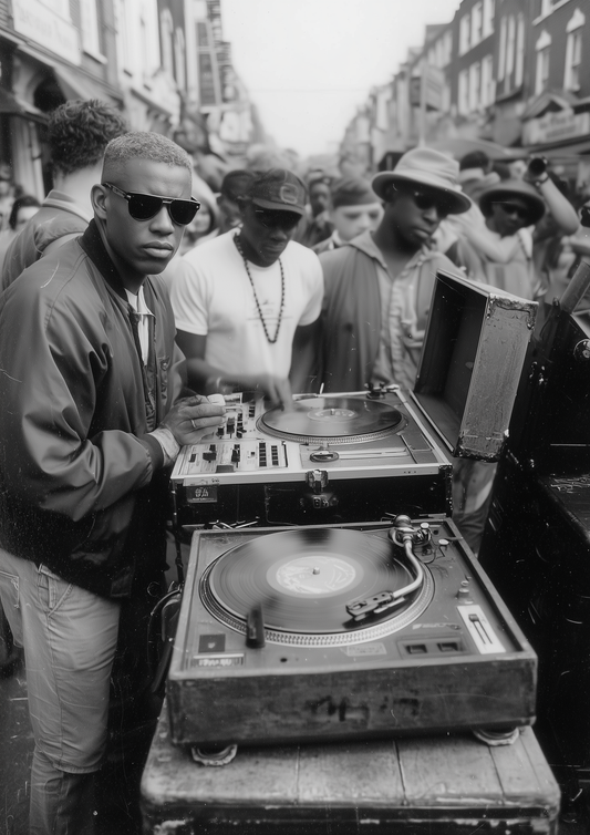 A2 artwork showing a street-based underground music scene. Artwork example.
