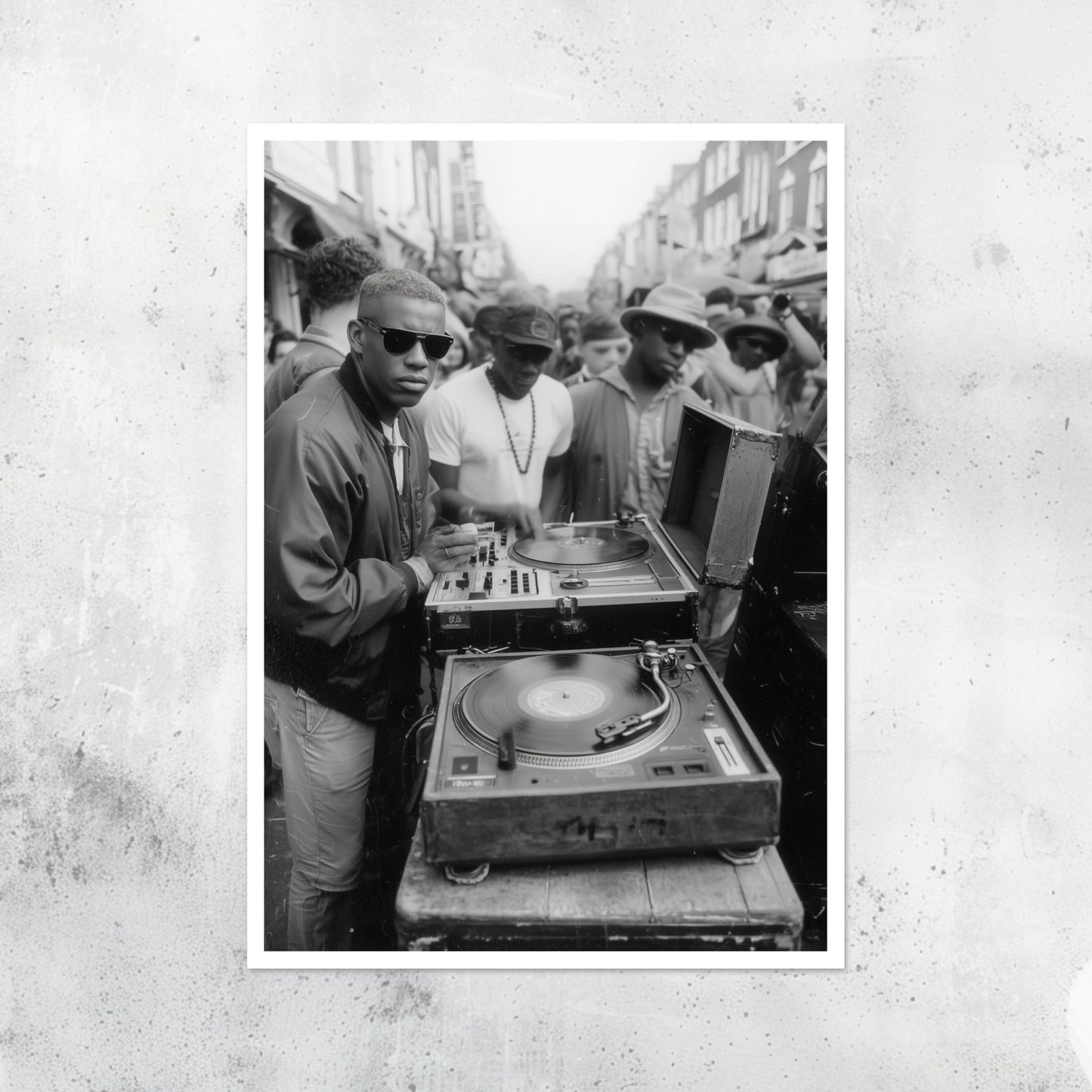 Unframed A2 artwork showing a street-based underground music scene.
