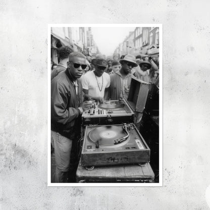 Unframed A2 artwork showing a street-based underground music scene.

