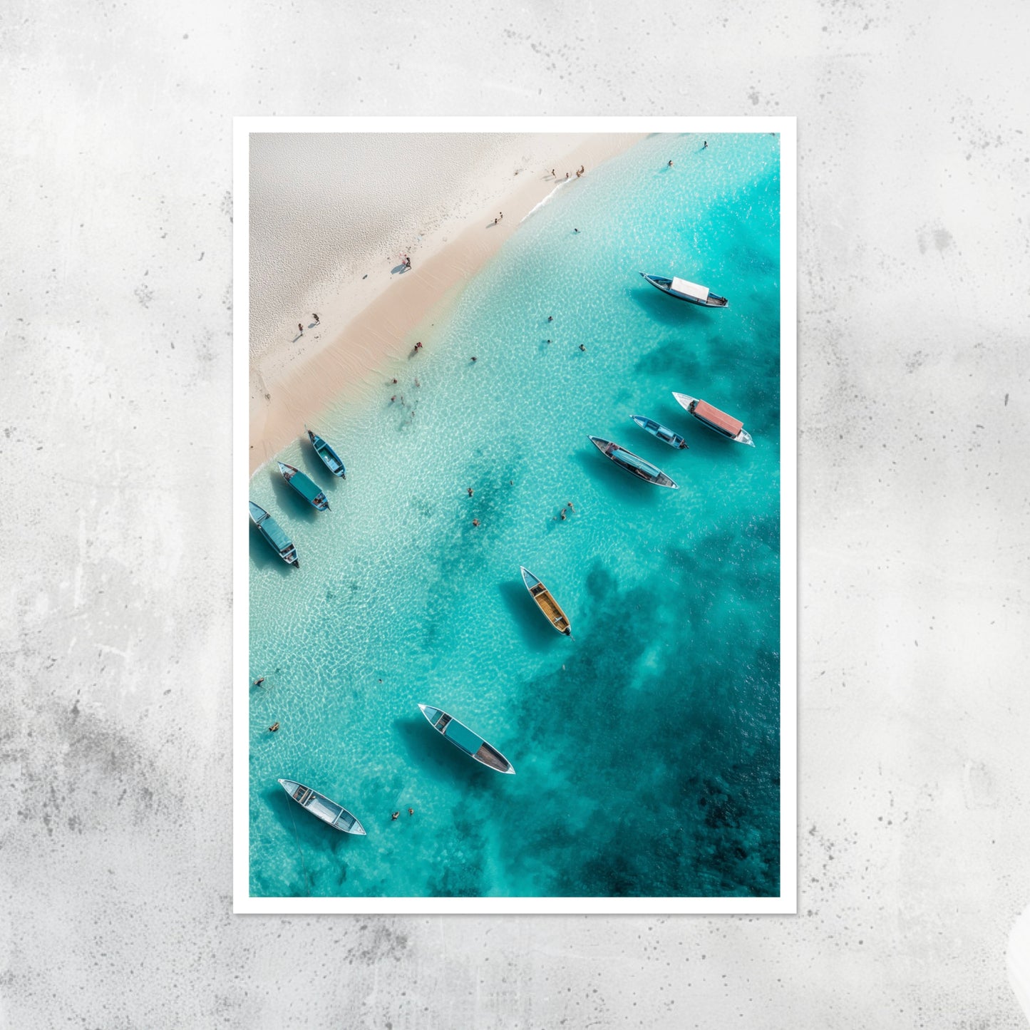 Unframed A2 tropical seascape print of Bali beach with soft waves and blue skies.
