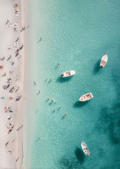 A2 artwork of an Italian beach with soft sea tones and sun-drenched rocks. Artwork example.
