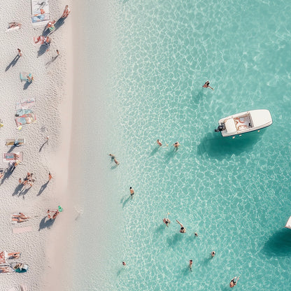 Close-up detail of A2 artwork of an Italian beach with soft sea tones and sun-drenched rocks.
