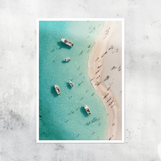 Unframed A2 seascape featuring Miami beach with colorful sun and ocean design.
