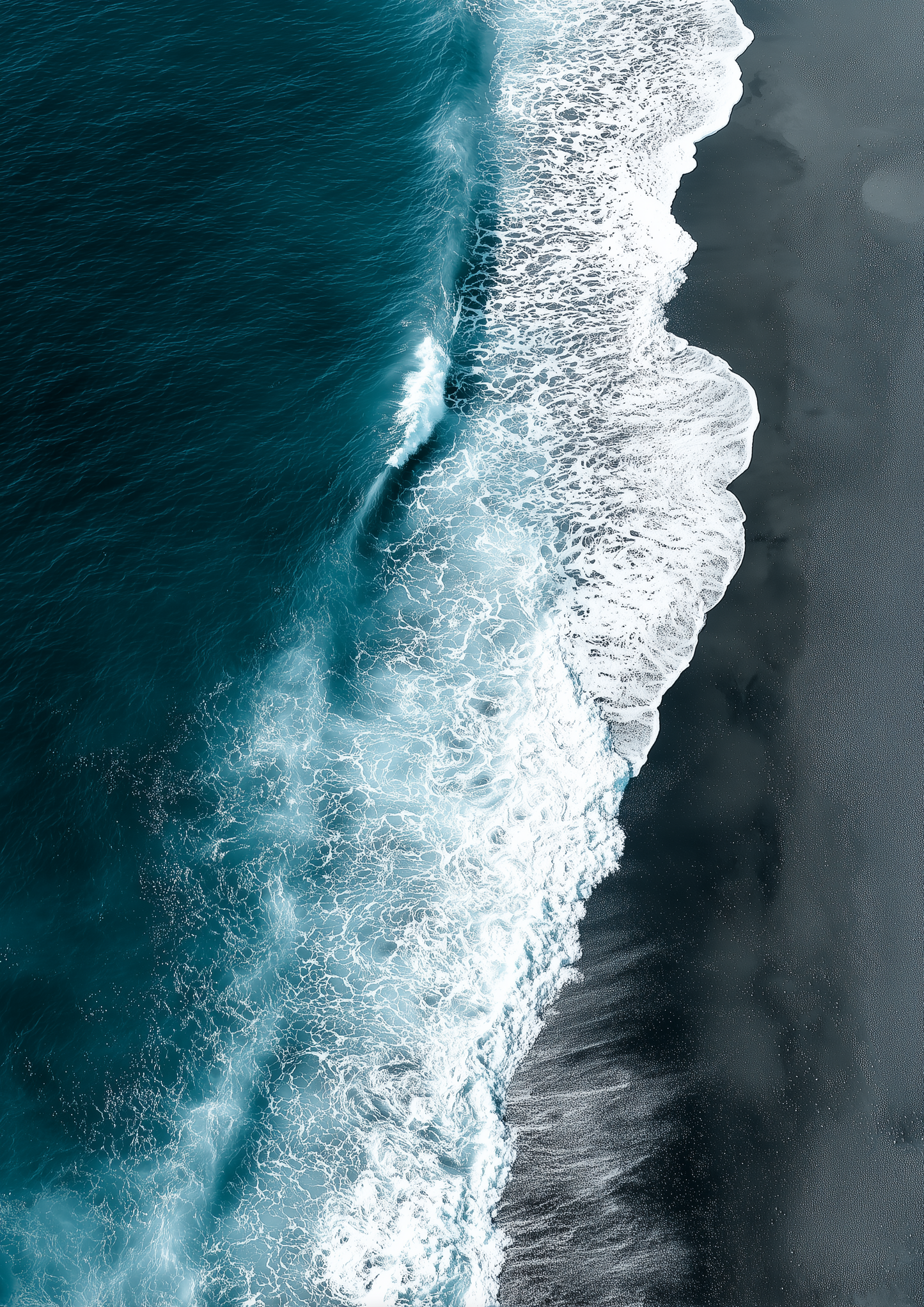 A2 seascape print with black sand and shoreline waves. Artwork example.
