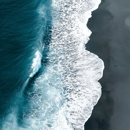 Close-up detail of A2 seascape print with black sand and shoreline waves.
