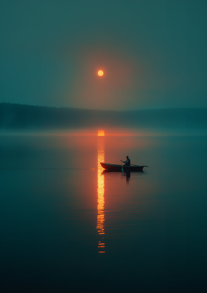 A2 artwork of an ocean scene illuminated by an orange moon. Artwork example.
