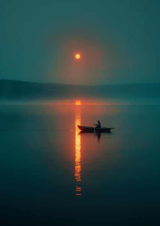 A2 artwork of an ocean scene illuminated by an orange moon. Artwork example.

