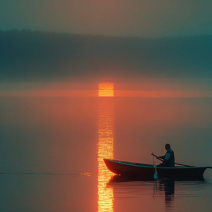 Close-up detail of A2 artwork of an ocean scene illuminated by an orange moon.
