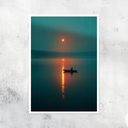 Unframed A2 artwork of an ocean scene illuminated by an orange moon.
