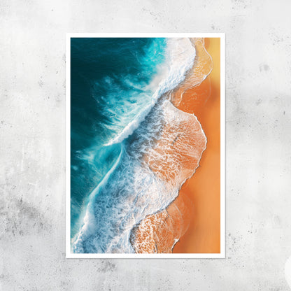 Unframed A2 abstract seascape with orange sand and simplified sea view.
