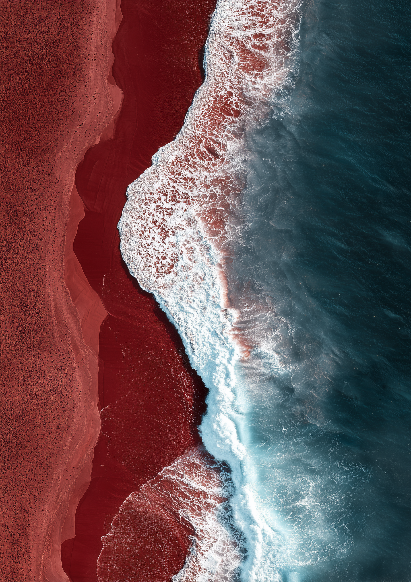 A2 ocean artwork with vivid red sand and abstract composition. Artwork example.
