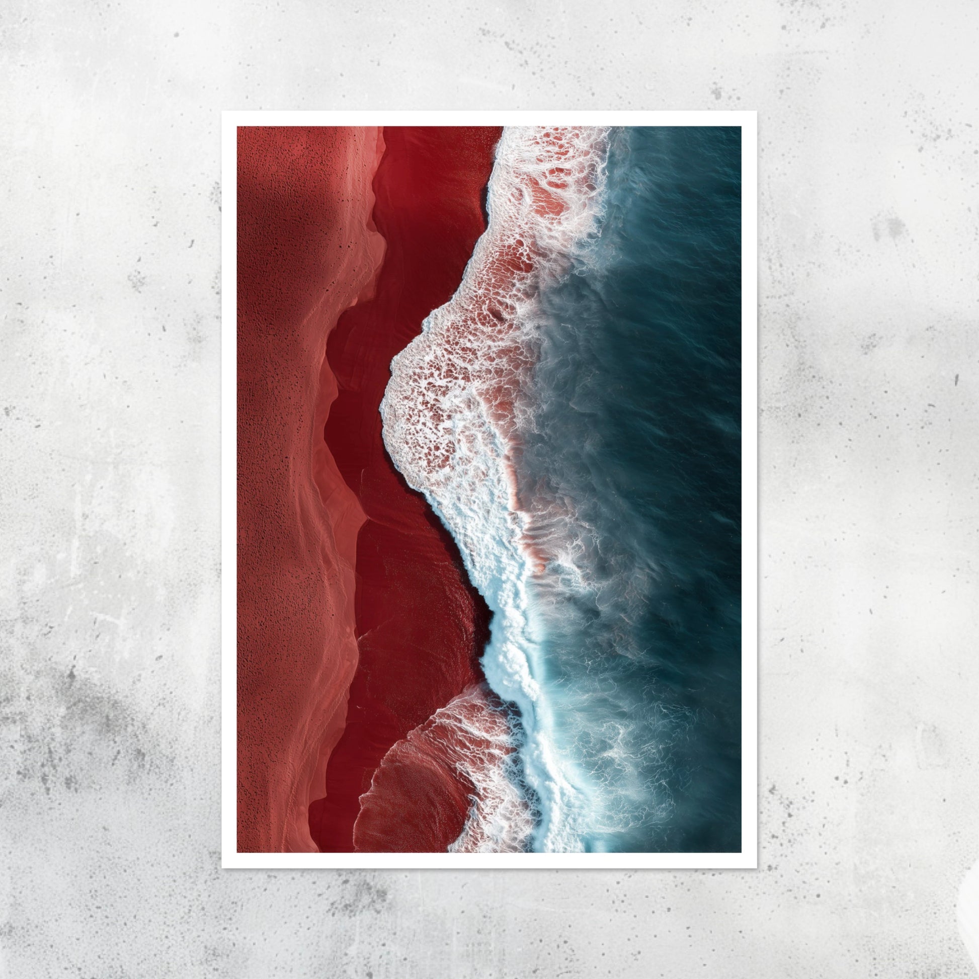 Unframed A2 ocean artwork with vivid red sand and abstract composition.
