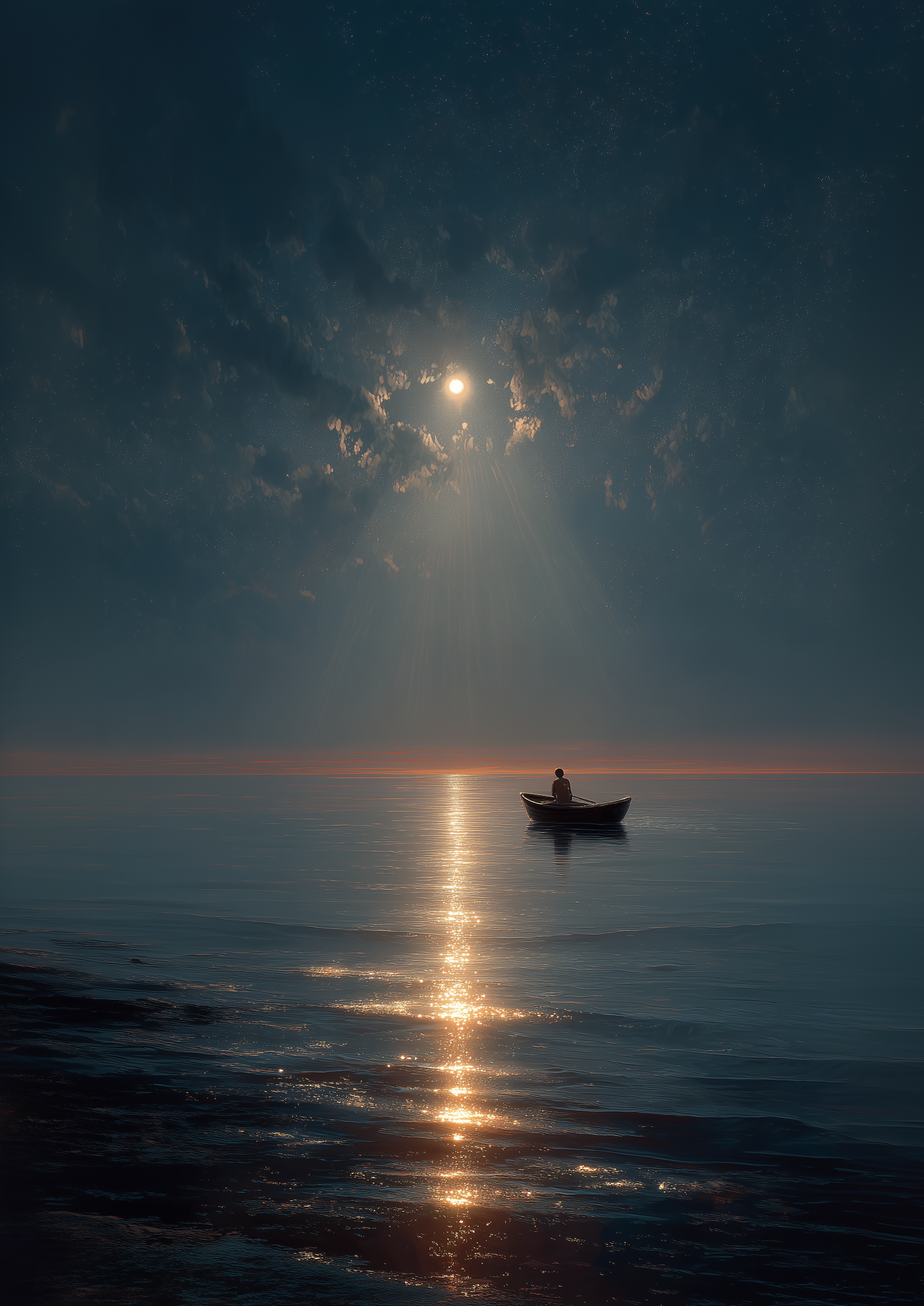 A2 seascape print of a silver moon shining over the ocean. Artwork example.

