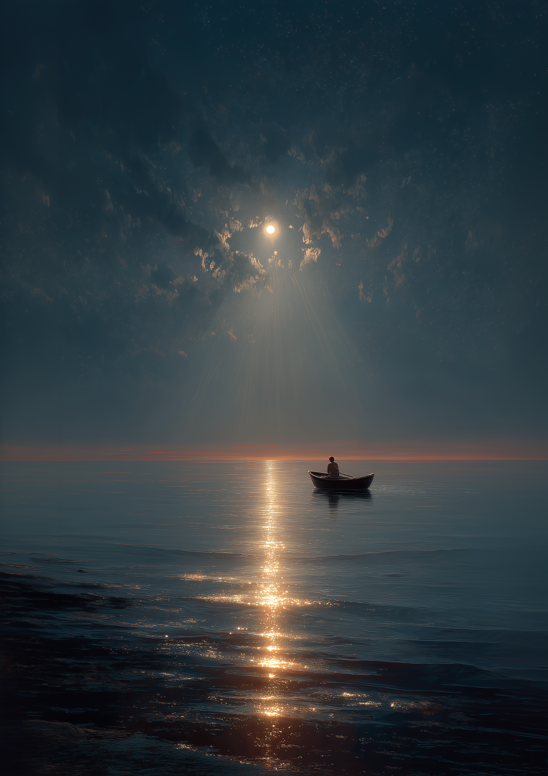 A2 seascape print of a silver moon shining over the ocean. Artwork example.
