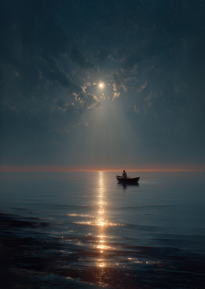 A2 seascape print of a silver moon shining over the ocean. Artwork example.
