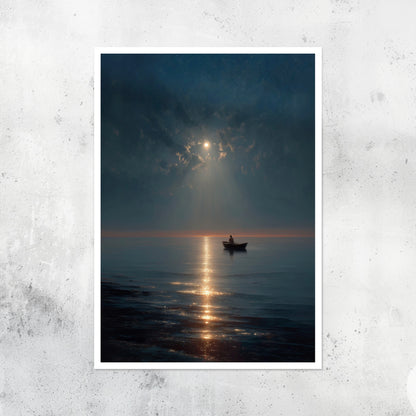 Unframed A2 seascape print of a silver moon shining over the ocean.
