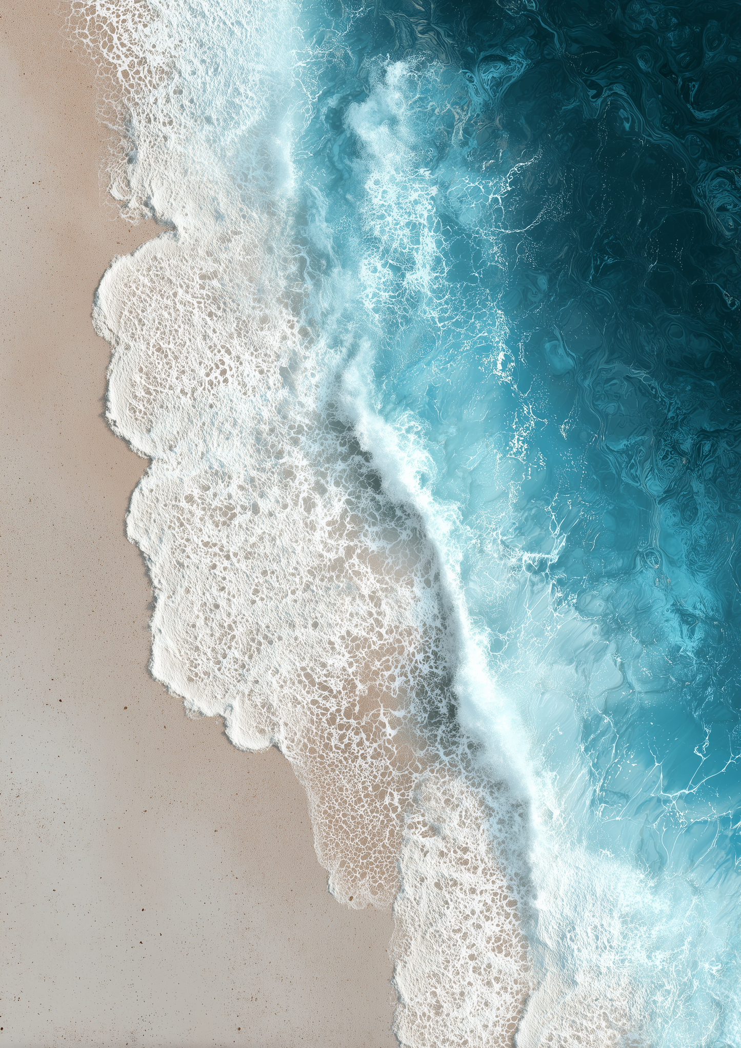 A2 white-themed seascape with minimal waves and white sand. Artwork example.
