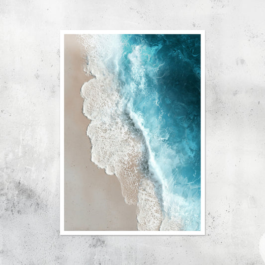 Unframed A2 white-themed seascape with minimal waves and white sand.
