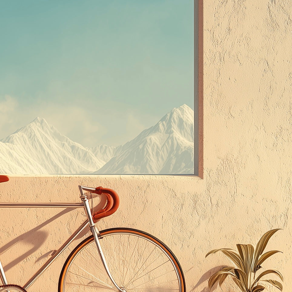 Close-up detail of A2 photo art of a bike set againts a modern exterior building.
