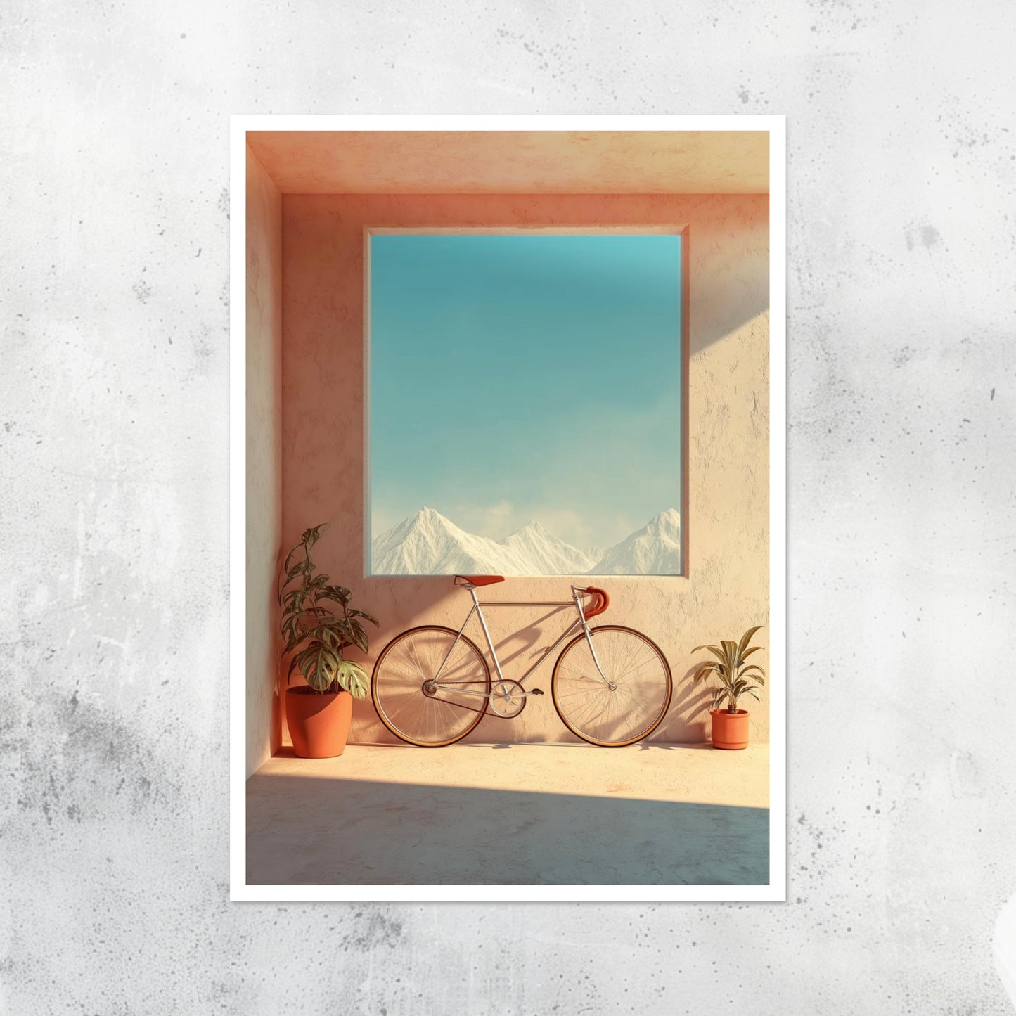 Unframed A2 photo art of a bike set againts a modern exterior building.
