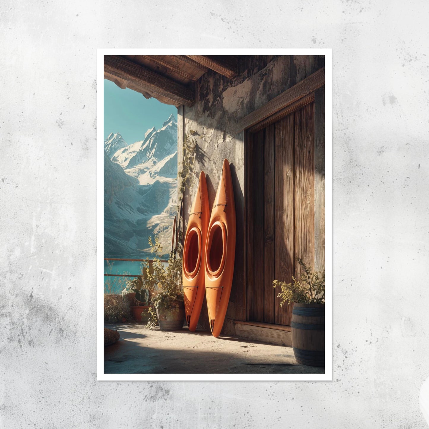 Unframed A2 photo of kayaks leant against a log cabin, colorful style.
