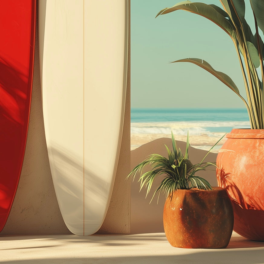 Close-up detail of A2 artwork of surfboards on the beach in pastel tones and clean lines.
