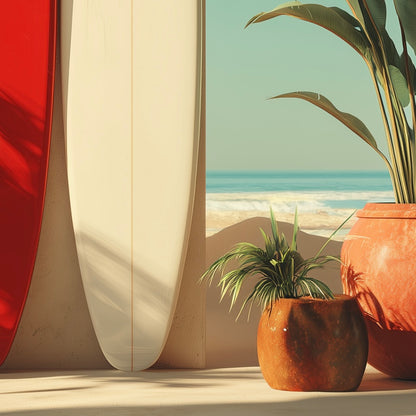 Close-up detail of A2 artwork of surfboards on the beach in pastel tones and clean lines.
