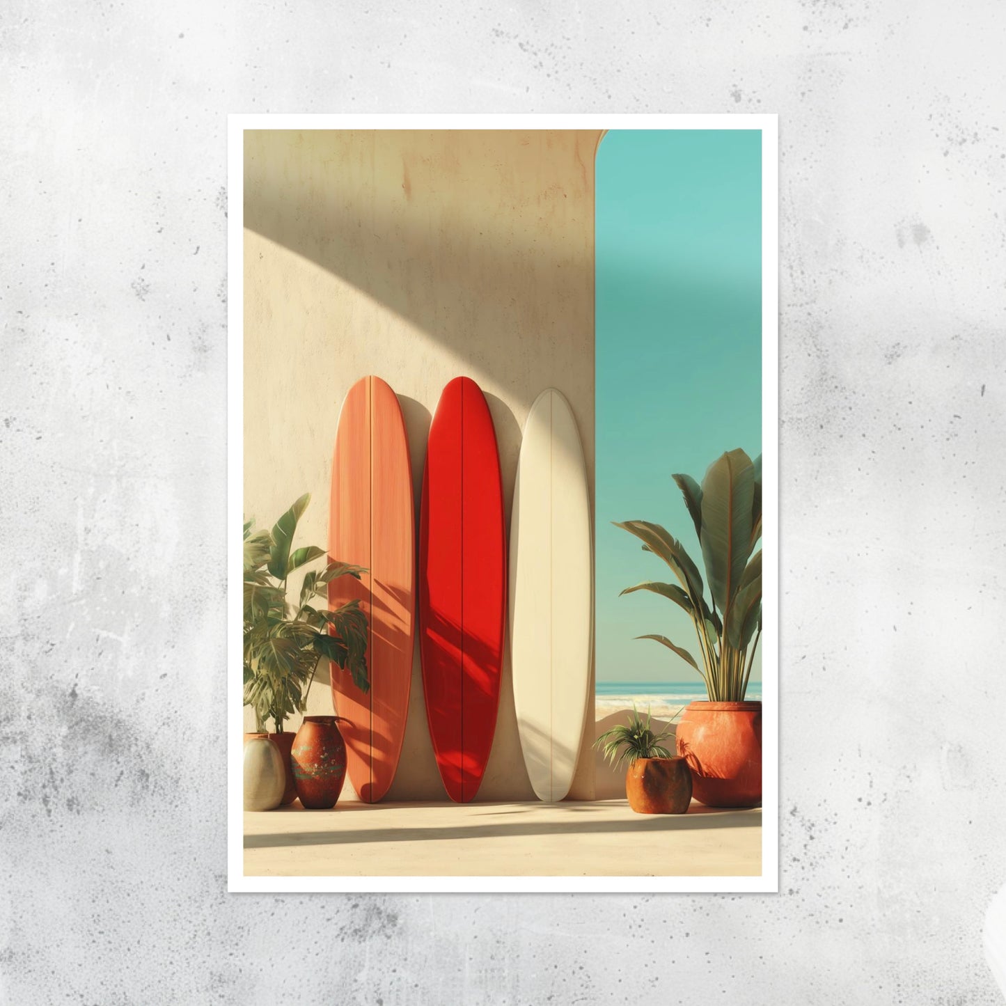 Unframed A2 artwork of surfboards on the beach in pastel tones and clean lines.
