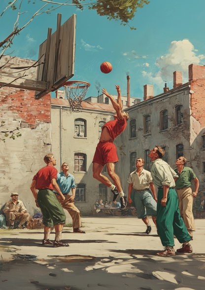 A2 vintage-style artwork of a basketball player in retro design. Artwork example.

