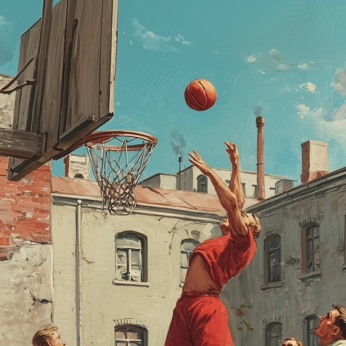 Close-up detail of A2 vintage-style artwork of a basketball player in retro design.
