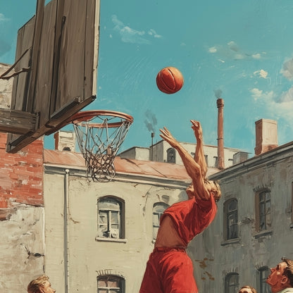 Close-up detail of A2 vintage-style artwork of a basketball player in retro design.
